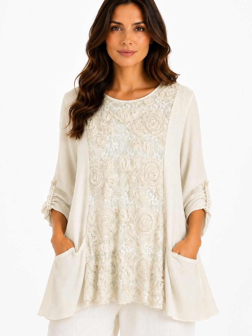 Ali Miles Lagenlook Lace Rosette Tunic Top Large Art To Wear Boho